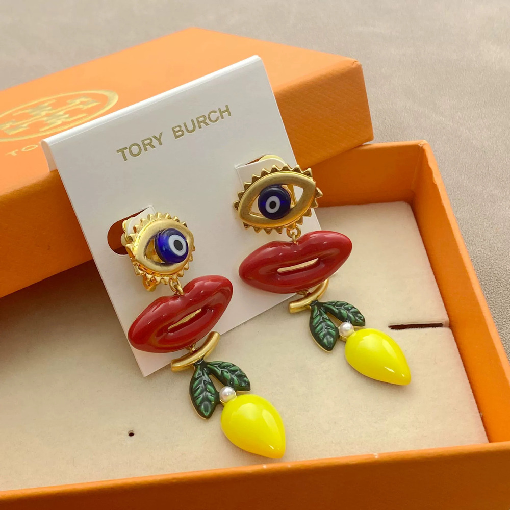 Tory Burch Oil Drip Berry Red Lip Earrings Trendy Silver Needle Clip